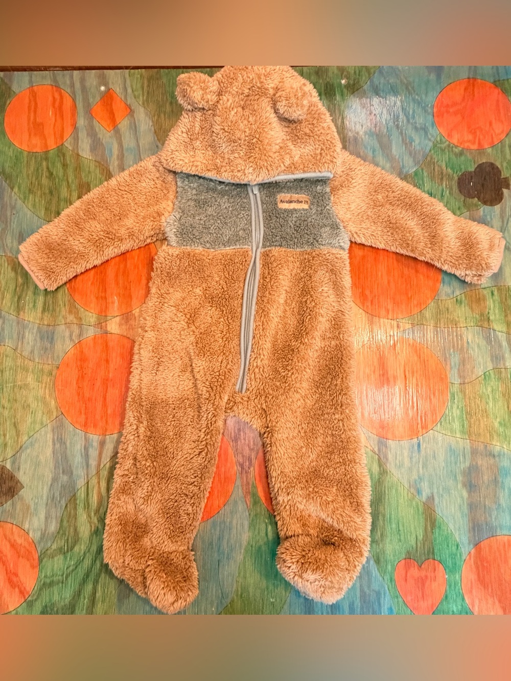 Avalanche Bear Hooded Fleece Zip One-Piece Coverall 12M Brown Green Sherpa Polye